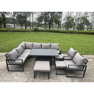 Fimous 11 Seat Aluminium Sofa Set with Lifting Table, 3 Stools & 2 Chairs in Dark Grey