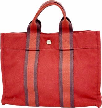 Herm&egrave;s Red Color Canvas Tote Bag (Pre-Owned)
