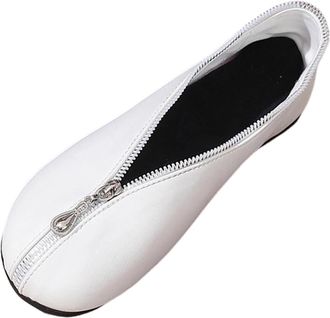 Generic Ladies Flat Shoes Round Toe Stylish Walking Flats Retro Solid Color Versatile Front Zipper Lightweight Comfy Slip On Pumps Work Shopping White