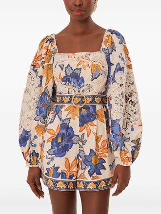 Farm Rio lace-trimmed floral playsuit - Neutrals