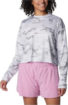 Columbia Super Tidal Light T-Shirt Women Gray Camo Long Sleeve Cropped NWO57