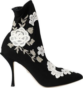 Dolce & Gabbana Black White Embroidery Slip On Boots Womens Shoes