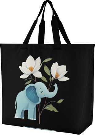 Generic Elephant Magnol Flowers Reusable Shopping Bags Large Capacity Grocery Bag Heavy Duty Tote for Women 40x40x16cm