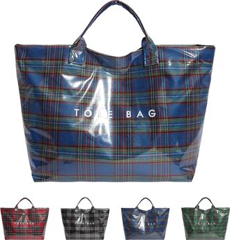 Generic Christmas Plaid PVC Tote Bag for Women, Spacious Letter Print Handbag, Durable Plastic Bag for Shopping (blue)