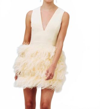 Catherine Regehr V-Neck Dress With Tiered Feather Hem In Ivory