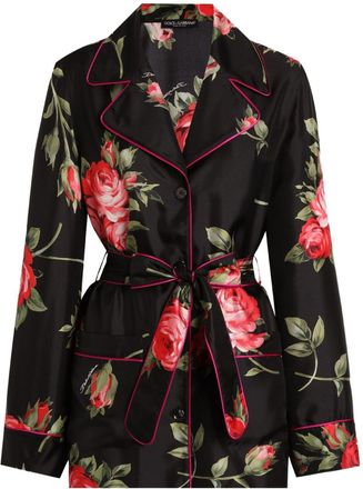 Dolce & Gabbana Womens-Black Silk Floral-Print Belted Shirt