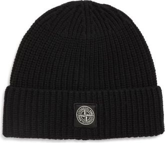 Stone Island Logo Patch Virgin Wool Rib Beanie in V0029 Black at Nordstrom