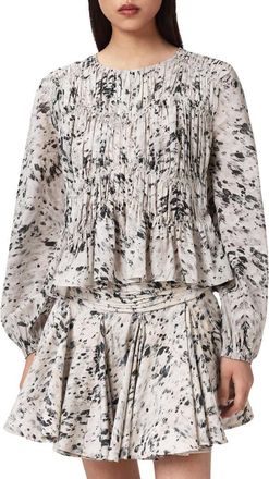 AllSaints Melani Print Gathered Peplum Top in Canter Ecru White at Nordstrom, Size 10 Us