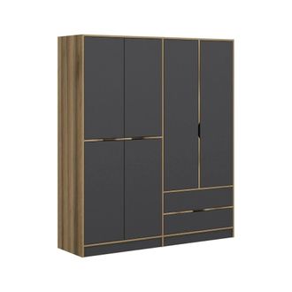 Dmora Guardarropa Grande Odalys, Armario Dormitorio 5 Estantes, Perchero, 2 Cajones, 185x208h Cm Negro Y Nogal Y Nogal Antracita