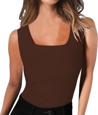 Generic Square Neck Basic Tank Tops for Women Summer Fashion 2025 Casual Waist Slim Fit Sleeveless Blouses Ladies Workout Daily Sports Plain Solid Color Tight