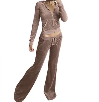 Generic Womens Velour Tracksuits Set Sweatsuit Long Sleeve Zip Up Hoodie Top and Jogging Pants 2 Piece Sports Outfits Casual Loungewear Ladies Velvet Jogger S