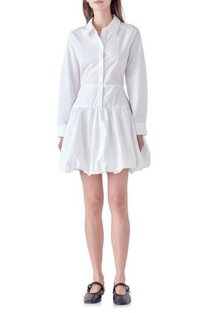 English Factory Long Sleeve Bubble Hem Cotton Poplin Shirtdress in Off White at Nordstrom, Size Small