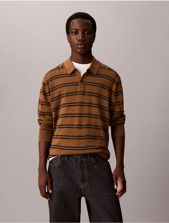 Calvin Klein Mens Merino Stripe Polo Sweater - Brown - XL