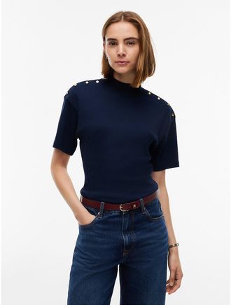 Tommy Hilfiger Womens Gold-Button Slim Fit Mockneck T-Shirt - Dark Blue - XXS