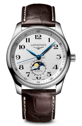 Longines MASTER AUTOMATIC LEATHER STRAP in White/brown at Nordstrom