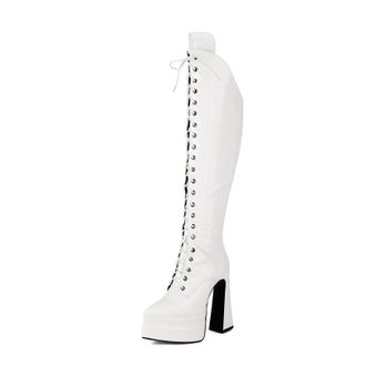 Generic Womens Lace Up Gothic Punk Boots with Zipper Pointed Toe Platform Long Boots Chunky High Heel Over The Knee Boot,White,4.5 UK