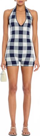 SER.O.YA Aro Halter Romper In Bold Navy Gingham