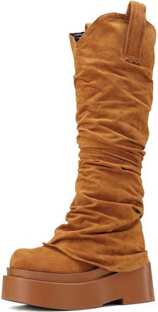 Generic Womens High Heeled Platform Boots Pull on Slouch Long Boots Round Toe Faux Suede Knee High Boot,Brown,3.5 UK