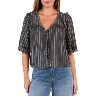 BILLY T Juliet Lace & Ruffle Cotton Blend Top in Grey Pin Stripe at Nordstrom, Size X-Large