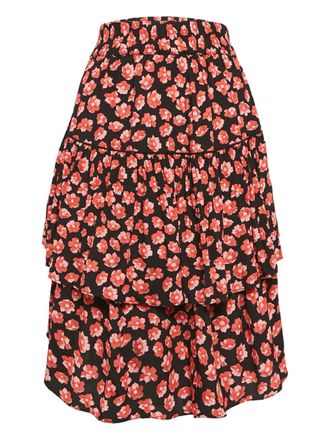 Ganni floral-print tiered skirt - women - Viscose - 48 - Black