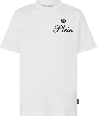 Philipp Plein Tops, Heren, Wit, 2Xl, Katoen, T-shirt met ronde hals en reli&euml;f signatuur