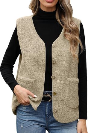 Generic Womens Teddy Gilet Sleeveless Sherpa Fleece Jacket Solid V Neck Button Down Fuzzy Vest Fluffy Autumn Teddy Bear Coat Cropped Vest Jacket Cute Plush Wa