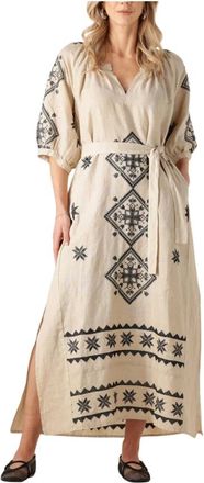 Greek Archaic Kori Kleedjes, Dames, Beige, S, Linnen, Maxi Jurk Elegante Charme