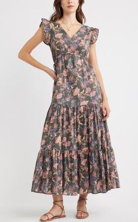 Treasure & Bond Floral Print Cotton Midi Dress in Olive Frou Floral at Nordstrom, Size Xx-Small