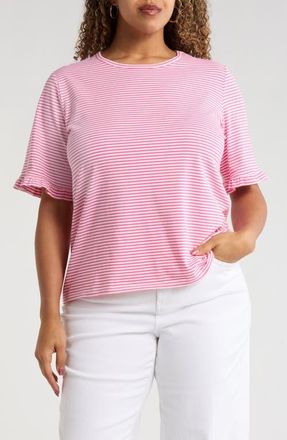 Jones New York Stripe Frill Sleeve Stretch Cotton Top in Dutch Pink /Natural White at Nordstrom, Size 3X