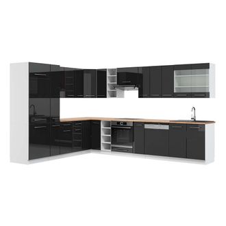 Vicco Cocina Esquinera Fame-line, Antracita Brillo Intenso/blanco, 347 X 257 Cm, Et Roble