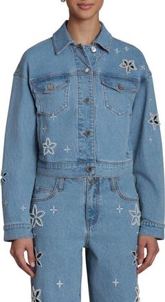 Avec Les Filles Faux Pearl Floral Denim Jacket in Fleur Stamp/Nikki Wash at Nordstrom, Size X-Small
