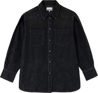 Ganni Overhemden, Dames, Zwart, XS, Denim, Blouse in Denim Broderie Anglaise