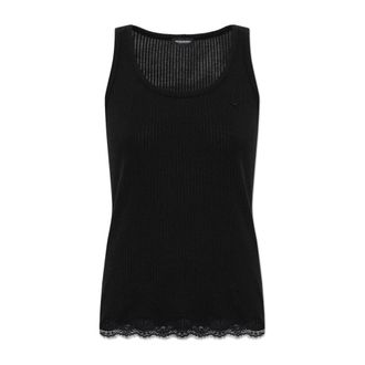 Emporio Armani Sleeveless Tops, female, Black, Size: XS Ribbed Modal-Blend Loungewear Tank Top with Lace
