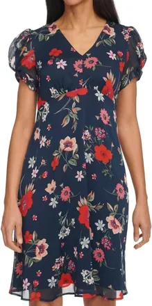 Calvin Klein Puff Sleeve Chiffon Mini Dress In Indigo Multi Floral