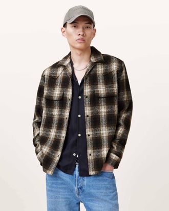 AllSaints Mens Polyester/Wool Alvar Checked Western Relaxed Fit Shirt, Size: XXL