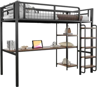 STILVORA Cama Alta Individual Con Escritorio, Estantes Y Escalera Segura 90 X 200 Cm, Sin Colch&oacute;n, Metal Negro