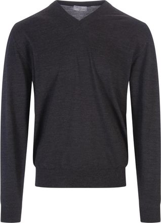 Fedeli 140 Wool V-Neck Pullover - Heren - V-hals truien - Grijs - 3XL - Wol - Truien & Vesten