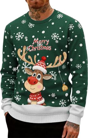 Generic Ugly Christmas Jumpers for Men Crew Neck with Long Sleeves, Warm Cosy Xmas Jumper Funny Christmas Sweater Men Novelty Graphic Reindeer Snowflakes Knit