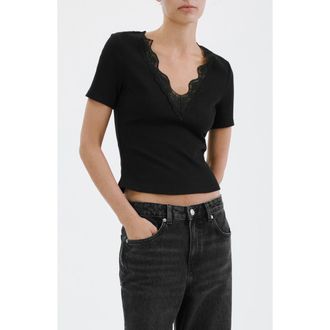 Mango Lace Trim Rib Knit Crop Top in Black at Nordstrom, Size X-Small
