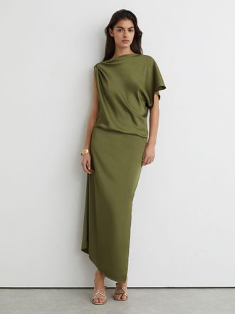 Reiss Olive Green Satin Asymmetric Draped Midi Dress, 10