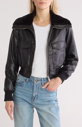 Vigoss Faux Fur Collared Faux Leather Dad Bomber Jacket in Black/Black at Nordstrom Rack, Size X-Large