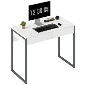 OEM Escritorio Con 2 Cajones 100x50x75 Cm Mesa De Ordenador Patas De Acero Para Casa Espacios Peque&ntilde;os Blanco Brillante