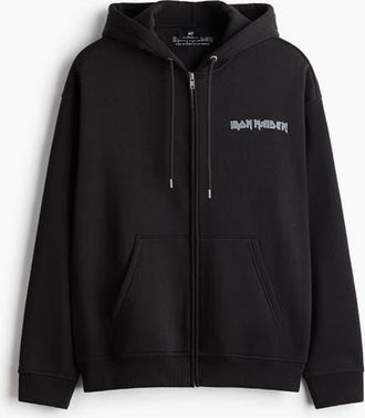 H&M Loose Fit Printed Zip-through Hoodie in Black/iron Maiden at Nordstrom, Size Xx-Large