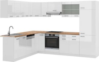 Vicco Cocina Esquinera R-line, Blanco Alto Brillo/blanco, 227 X 287 Cm, Et Roble