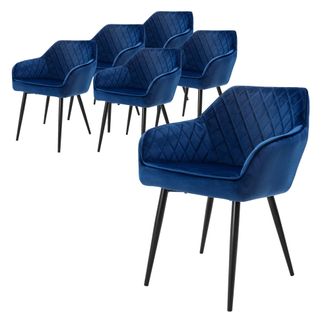 ML Design Ml-design - Set 6x Sillas De Comedor Azul Oscuro Estilo Moderno Asiento Tapizado De Terciopelo Patas De Metal Negras Con Respaldo Y Apoyabrazos Sill&oacute;n
