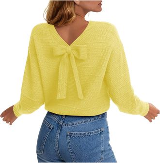 Generic Sweaters for Women Long Sleeve Fall Outfits Back Bow Knot Sweaters Round Neck Solid Knit Pullover Tops Sweat Shirts for Grandma (Yellow, L)
