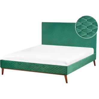 Beliani Beliani - Cama Con Somier De Terciopelo Verde Oscuro Madera Oscura 160 X 200 Cm Acolchado Bayonne