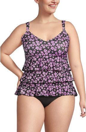 Lands End Plus Size Ruffle Fauxkini One Piece Swimsuit in Olive Green Pansy Floral at Nordstrom, Size 26W