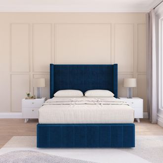 Sloomy Melbourne Upholstered Wingback Bed Set With No Drawers & 54 Floor standing Headboard -Plush Velvet in Navy | Size: Single