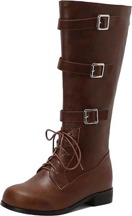 Generic Womens Knee High Riding Boots Round Toe Low Block Heel With Lace Up Front Side Zipper And Adjustable Buckles